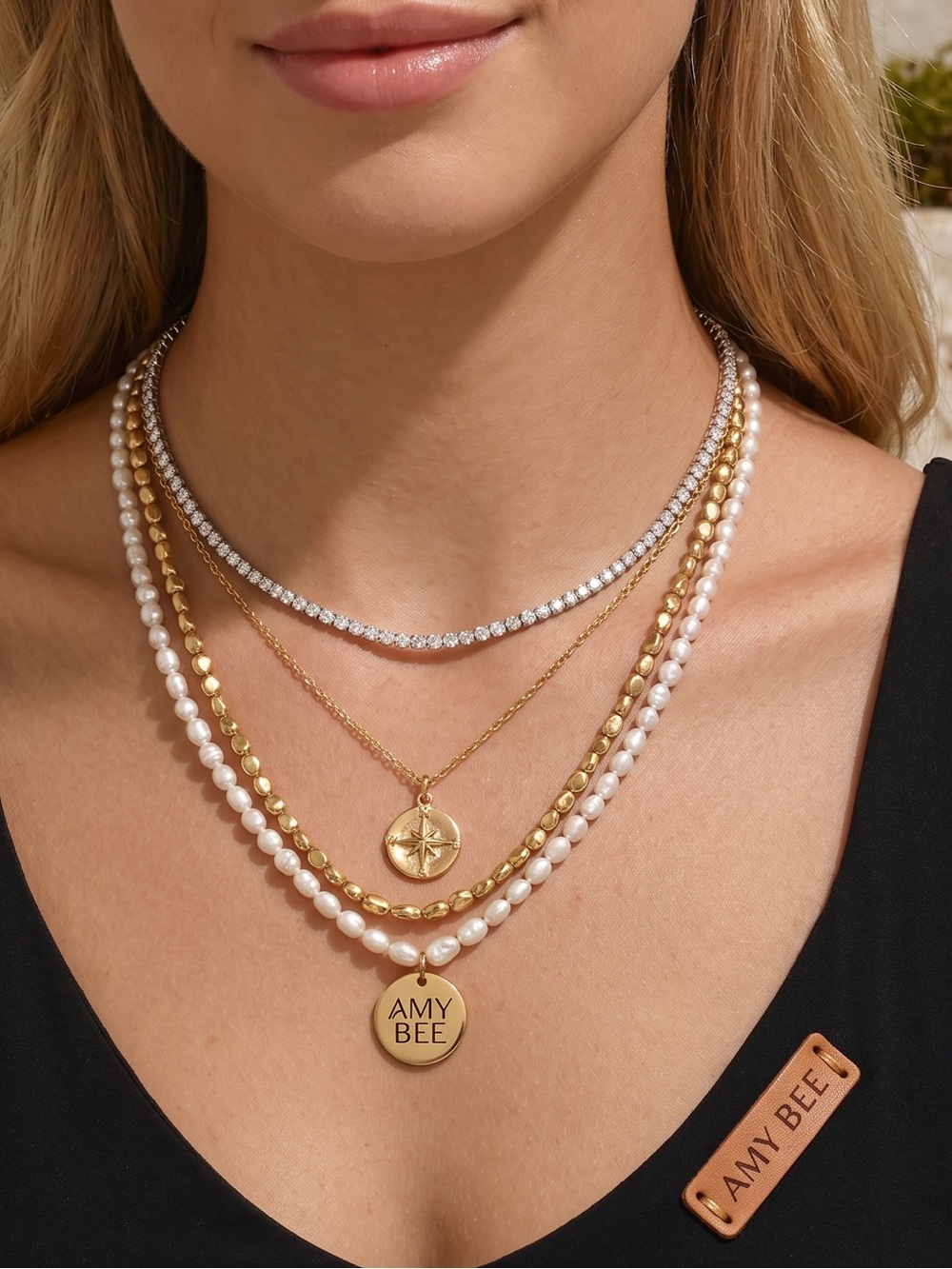 18k Gold Plated Tennis Necklace with Sparkling Cubic Zircon Accent Gems. New.